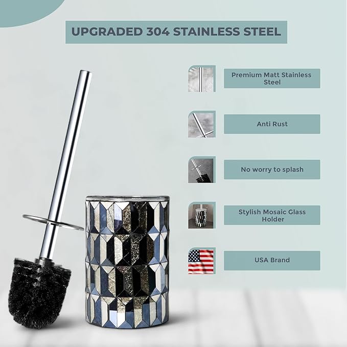 Cute Toilet Brush and Holder Set Mosaic Glass | Non-Rustic Stainless Steel | Practical & Decorative Toilet Bowl Brush and Holder | Luxury Black and Gold Bathroom Accessories (Latest)
