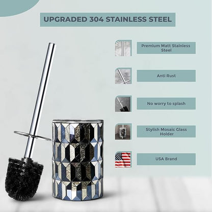 Cute Toilet Brush and Holder Set Mosaic Glass | Non-Rustic Stainless Steel | Practical & Decorative Toilet Bowl Brush and Holder | Luxury Black and Gold Bathroom Accessories (Latest)