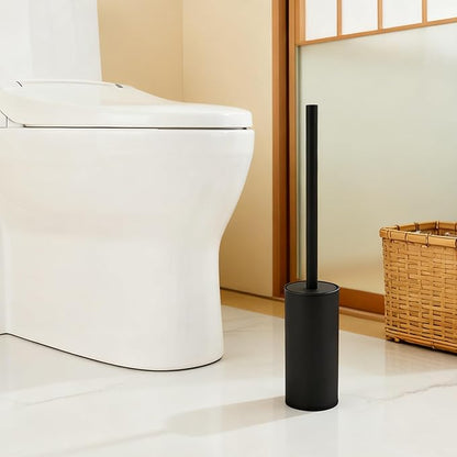Toilet Brush and Holder Set, NEWRAIN 304 Stainless Steel Toilet Brush with Long Brush Handle, Matte Black Toilet Scrubber and Covered Holder, Round Design Sturdy and Space Saving, Covered Brush
