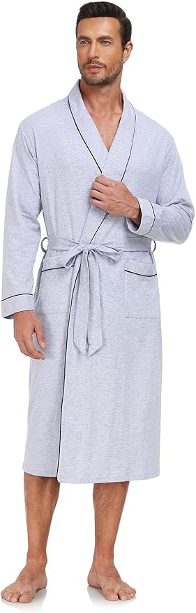 COLORFULLEAF Mens 100% Cotton Robes Lightweight Summer Long Bathrobe Sleepwear Soft Knit Spa Robe with Pockets