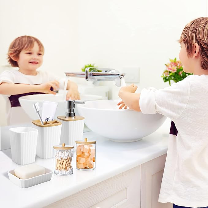 Bathroom Accessory Set, 9-Piece White Bathroom Set with Trash Can, Tray, Soap Dispenser, Toothbrush Holder, Toothbrush Cup, Soap Dish, Toilet Brush and Q-tip Holders for Bathroom/Housewarming