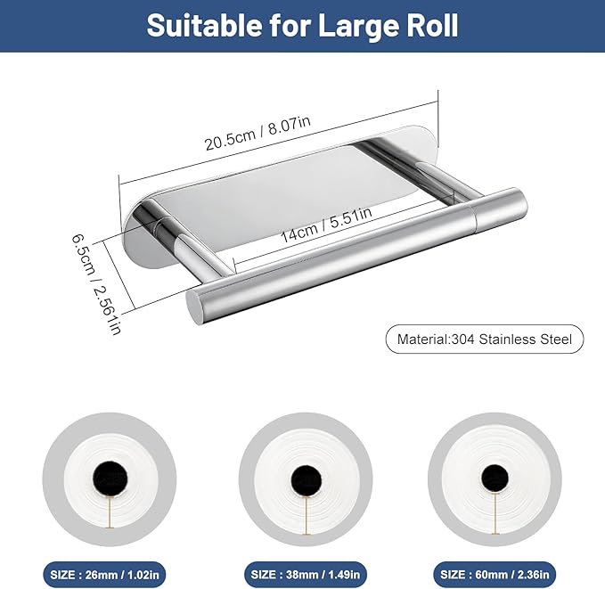 Self Adhesive Chrome Toilet Paper Holder, SUS304 Stainless Steel Toilet Roll Holder, Double Base Paper Towel Holder Wall Mount No Drilling for Bathroom, Kitchen, Washroom