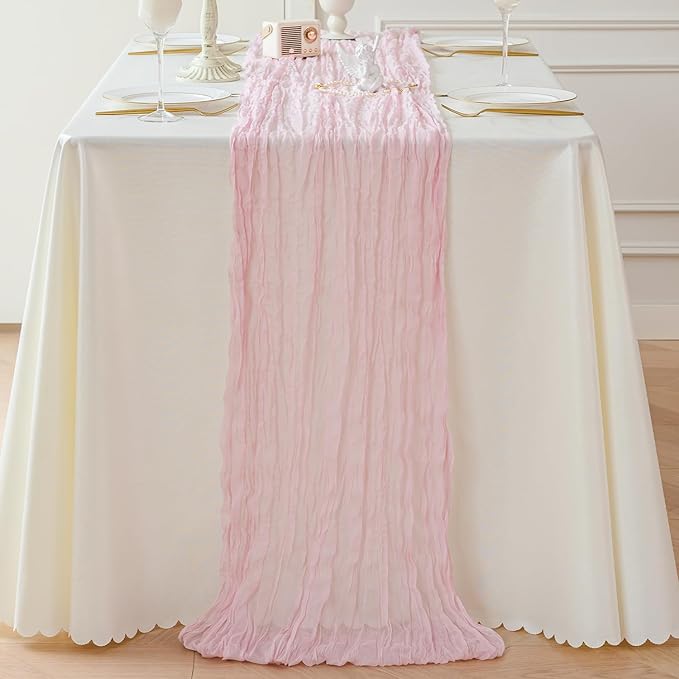 Sioloc 1 Pack Light Pink Cheesecloth Table Runner Fall Autumn Decor for 10ft(35" x120" ) Table Cloth for Tea Wedding Birthday Party Baby Bridal Shower Halloween Thanksgiving