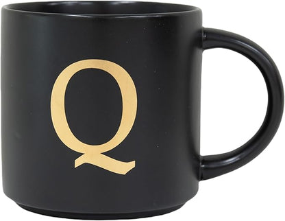 COLLECTIVE HOME - Monogram Ceramic Mugs, 15 oz Golden Initial Black Coffee Cups, Elegant Alphabet Tea Mugs, Elegant Personalized Mug with Gift Box, Unique Mug with Double Side Capital Lette (Q)