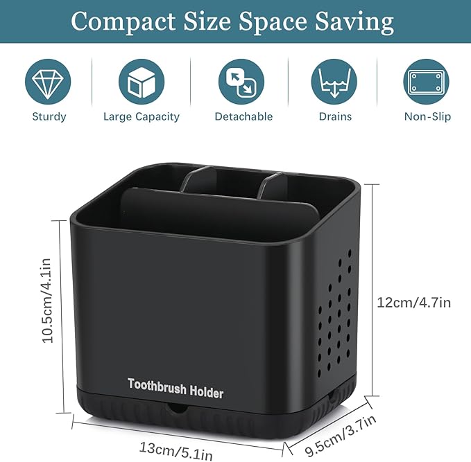 Black Toothbrush Holders for Bathrooms, Kids Electric Toothbrush and Toothpaste Holder, 4 Slots Tooth Brush Holder for Bathroom Countertop Organizer (Black)