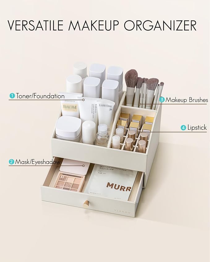 Vlando Makeup Organzier,Vanity Organizer with Drawers, PU Leather Skincare Organizer Perfume Organizer,Large Cosmetic Display Case for Lipstick,Brushes Gifts for Women-Beige