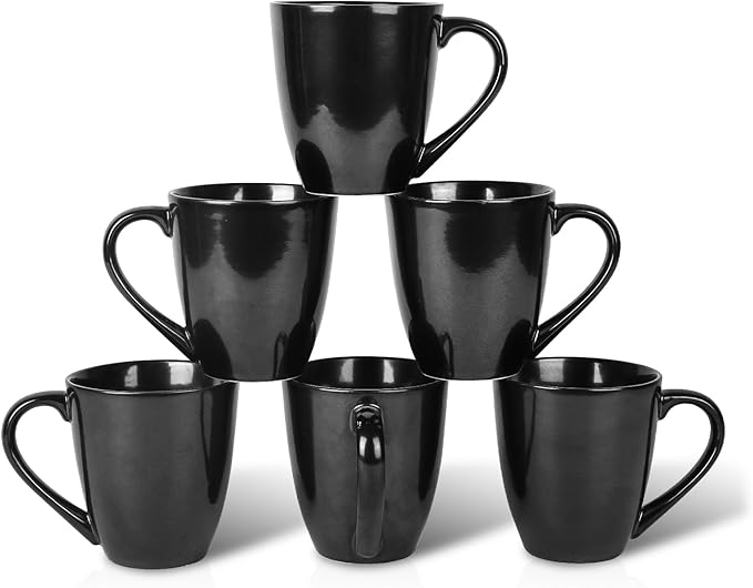 vicrays Coffee Mug Set, 12 Ounce, Ceramic Mug for Men, Women, Unique Glazed Mugs with Handle for Coffee, Tea, Milk, Cocoa, Cereal - Set of 6 Black