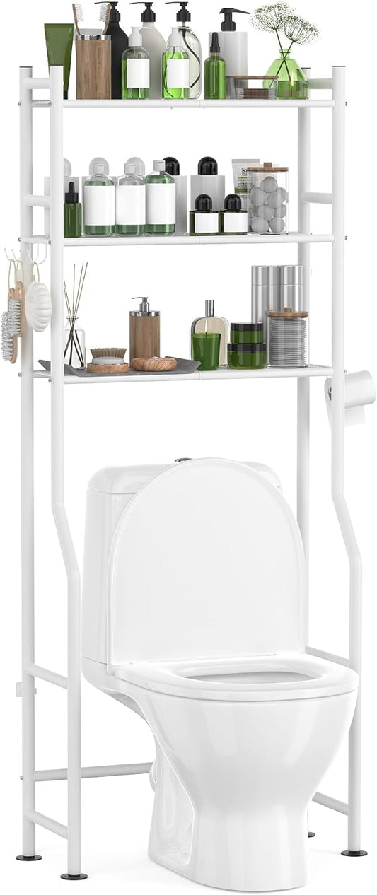 3-Tier Over The Toilet Storage with Paper Holder, Metal Bathroom Organizers and Storage for Small Space, Freestanding Bathroom Shelves with 4 Hooks, Above The Toilet Storage Shelf, White