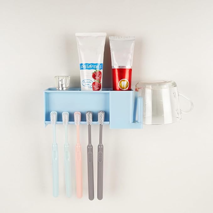 5 Slots Wall Mount Toothbrush Holder with Storage Box, Self Adhesive Toothbrush Storage Organizer for Shower, Toothpaste & Toothbrush Hanger for Bathroom, Medicine Cabinet, Dorm (Blue)
