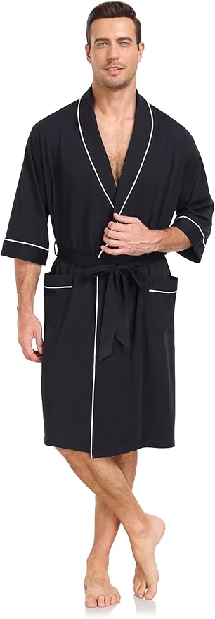 COLORFULLEAF Men's Bathrobes 100% Cotton Soft Comfort Breathable Short Sleeve Summer Kimono Mens Lightweight Robe
