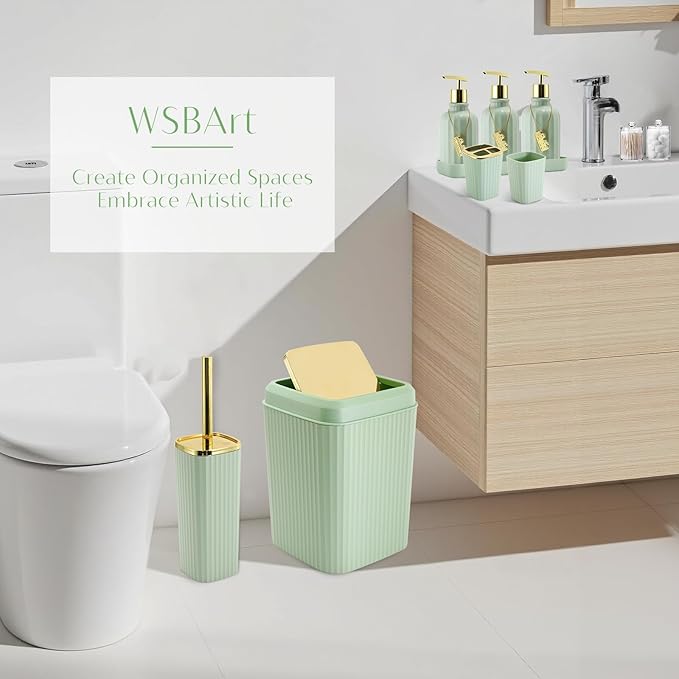 17PCS Bathroom Accessory Set Bathroom Set Green Bathroom Decor,Toilet Brush, Trash Can, Qtip Holder Dispenser& 3PCS Soap Dispenser