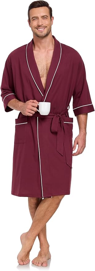 COLORFULLEAF Men's Bathrobes 100% Cotton Soft Comfort Breathable Short Sleeve Summer Kimono Mens Lightweight Robe