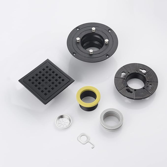 4" Matte Black Shower Floor Drain Square for Bathroom Kitchen Removable Grill Plate Cover with Flange Kit, Sus304 Stainless Steel Finish