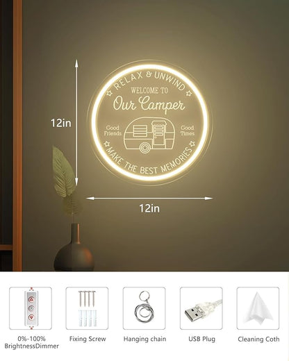 Camper LED Neon Sign for Camping Party Decor, Dimmable Neon Wall Lights Signs for Backyard Patio Garden BBQ Touring Car Decoration, 3D Art Light Up Sign for Housewarming Birthday Gifts