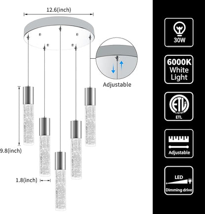 OKELI 5-Light Pendants Light for Kitchen Island Dining Room, 6000K Bubble Crystal Modern LED Kitchen Hanging Lights, 30W Chrome Pendant Lighting Fixture, Round