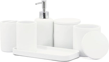 ZCCZ White Bathroom Accessories Set 6 Pieces - Toothbrush Holder, Lotion Dispenser, Qtip Container, Vanity Tray, Tumbler - Countertop Organizer for Bathrooms - Elegant and Functional Décor Set