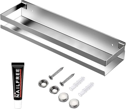 Rustproof Metal Storage Floating Shelves Wall Mounted Rectangular Shelf for Bedroom,Bathroom, Living Room, Kitchen, and Laundry Room,Nail-Free Wall-Mounted Shelves（15.75 Inch Silver）