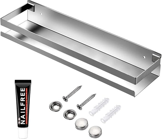 Rustproof Metal Storage Floating Shelves Wall Mounted Rectangular Shelf for Bedroom,Bathroom, Living Room, Kitchen, and Laundry Room,Nail-Free Wall-Mounted Shelves（15.75 Inch Silver）