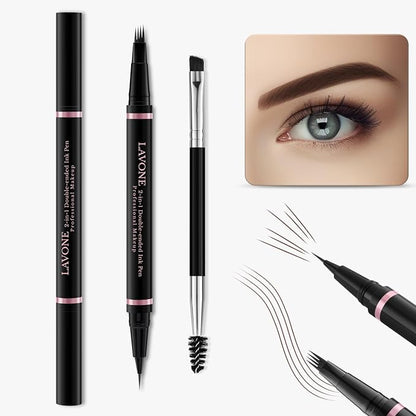 Eyebrow Pen Makeup Kit, with 4 Tip Waterproof Microblading Eyebrow Pencil, Eyeliner, Eyebrow Pomade and Dual-ended Eyebrow Brush, Brow Pencil Eyebrow Kit for Natural Looking - Dark Coffee