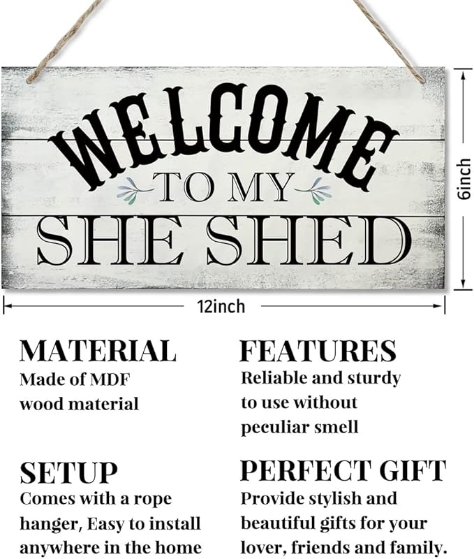 Welcome To My She Shed Decor Sign, Printed Wood Wall Art Sign, Funny Bar Signs for She Shed Room Decor, Hanging Wood Sign Home Decorative, Rustic Farmhouse Welcome Wood Sign Decor Wall Art 12x6 in