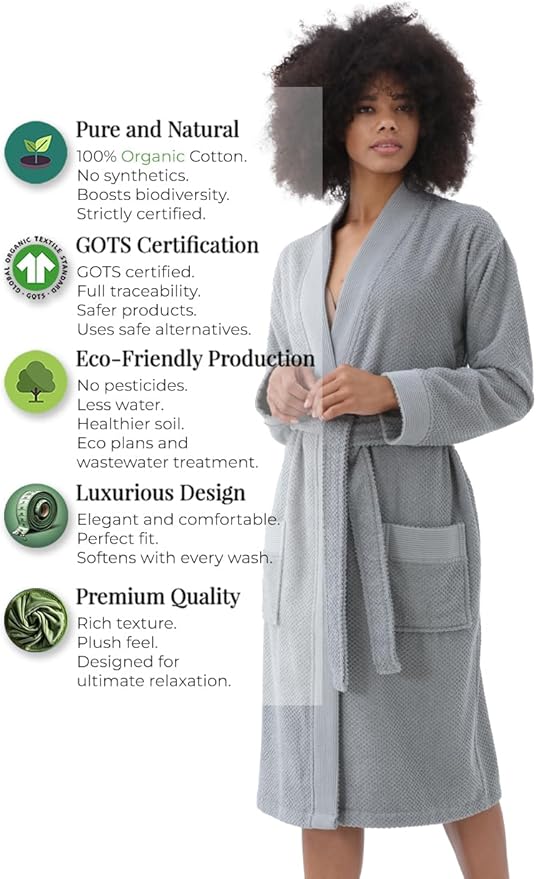 Organic Turkish Cotton Terry Hooded Kimono Bathrobe, Robe for Women
