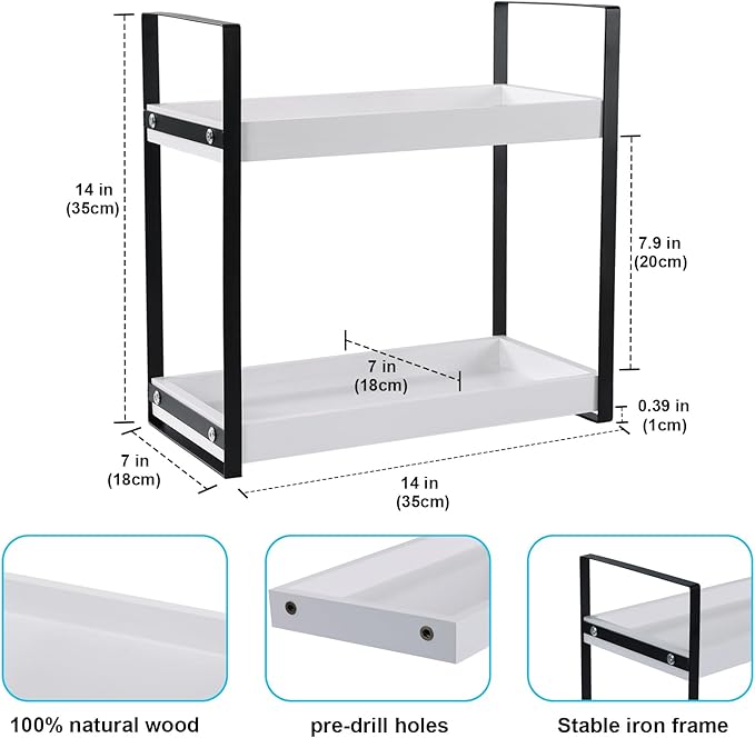 Bathroom Counter Organizer with Basket, Wooden Sink Shelf for Vanity Storage, Storage Organizers for Bathroom, Kitchen, Dresser (Black - White)