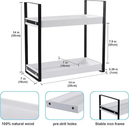 Bathroom Counter Organizer with Basket, Wooden Sink Shelf for Vanity Storage, Storage Organizers for Bathroom, Kitchen, Dresser (Black - White)