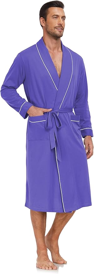 COLORFULLEAF Mens 100% Cotton Robes Lightweight Summer Long Bathrobe Sleepwear Soft Knit Spa Robe with Pockets