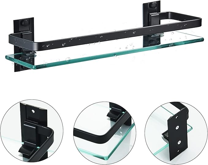 AIJALY 2 Pack Bathroom Glass Shelf,Aluminum Tempered Glass 0.34in Extra Thick Rectangular 1 Tier Storage Organizer Wall Mount,Black 15.7in