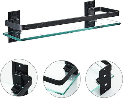 AIJALY 2 Pack Bathroom Glass Shelf,Aluminum Tempered Glass 0.34in Extra Thick Rectangular 1 Tier Storage Organizer Wall Mount,Black 15.7in