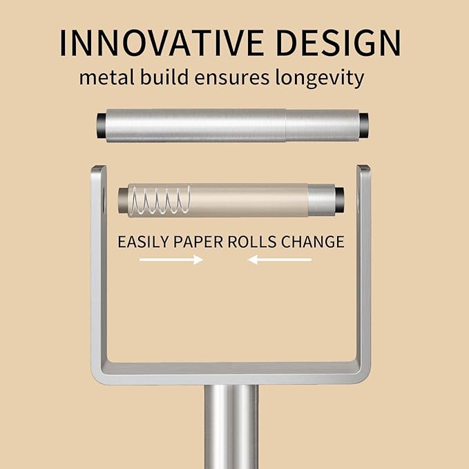 YUMORE Toilet Paper Holder Free Standing, Stainless Steel Toilet Paper Stand, Weighted Base Floor Tissue Roll Holder for Bathroom, Brushed Nickel 200UP