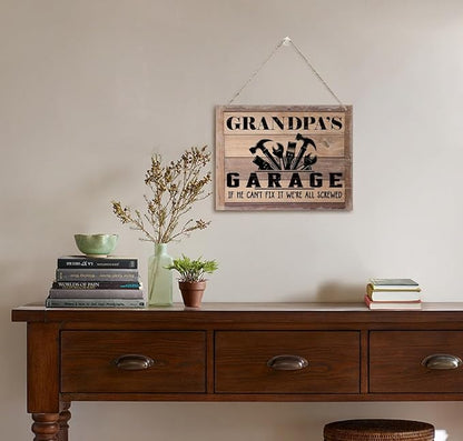 BQL Rustic Wood Sign, Father's Day Gift, Grandpa's Gift, Decor Hanging Wood Sign, 8X10inch, Printed Wood Wall Art Sign, Grandpa's Garage, If He Can't Fix It We're All Screwed