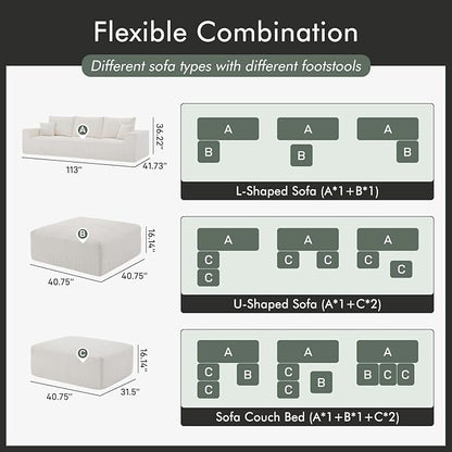 Boneless Sectional Cloud Couch Sofa for Living Room, 112" U-Shaped Modular Modern Lounge Sleeper Beige Couches with Chaise, No Assemble, Cordury Compression Upholstered Sofas