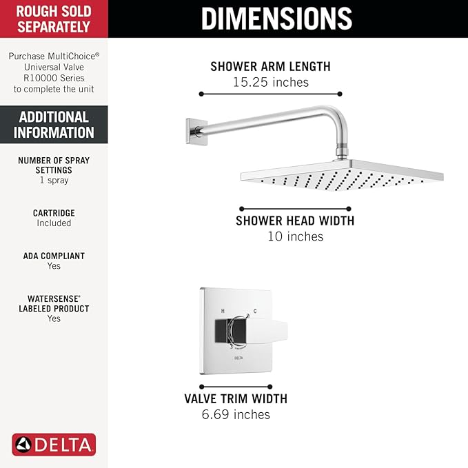 Delta Faucet Modern Raincan Square Single-Function Shower Valve Trim Kit Brushed Nickel, Shower Faucet Set, Rainfall Shower Head, Spotshield Stainless T14268-SP-PP (Valve Not Included)