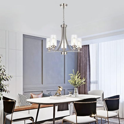 BONLICHT 5 Lights Traditional Chandelier Brushed Nickel Kitchen Island Dining Room Lighting Fixtures Hanging Seeded Glass Pendant Light Modern Flush Mount Ceiling Light for Living Room Bedroom Foyer