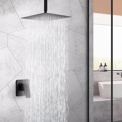 POP SANITARYWARE Ceiling Mount Shower Faucet Set Matte Black Bathroom 10 Inch Rainfall Mixer Shower Head System Single Handle Shower Trim Kit with Rough-in Valve