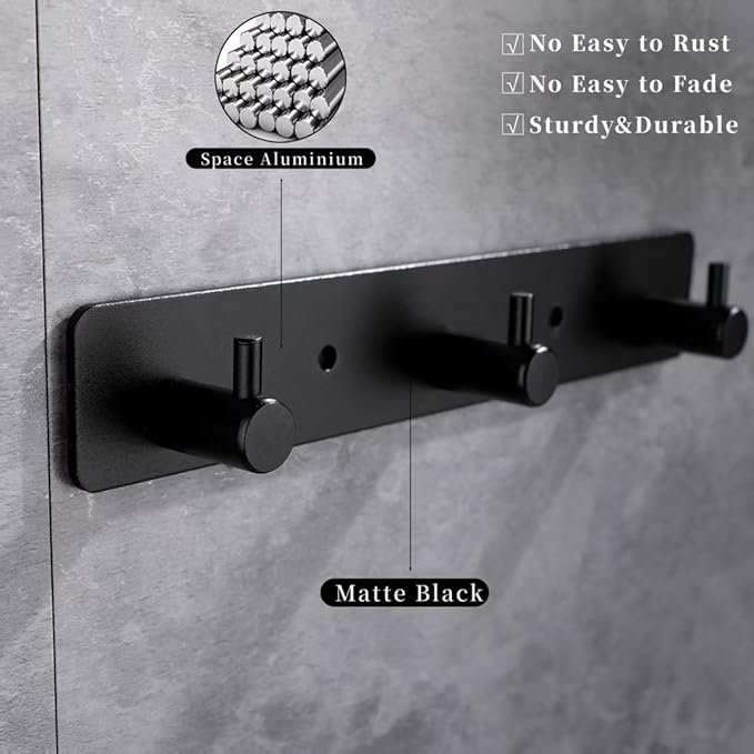Black 3 Wall Hooks, Matte Black Bathroom Hook Rail, Self Adhesive Key Hook Rack Hanger Towel Robe Stick Hooks for Toilet Entryway Hallway Kitchen Wall Mounted