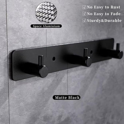 Black 3 Wall Hooks, Matte Black Bathroom Hook Rail, Self Adhesive Key Hook Rack Hanger Towel Robe Stick Hooks for Toilet Entryway Hallway Kitchen Wall Mounted