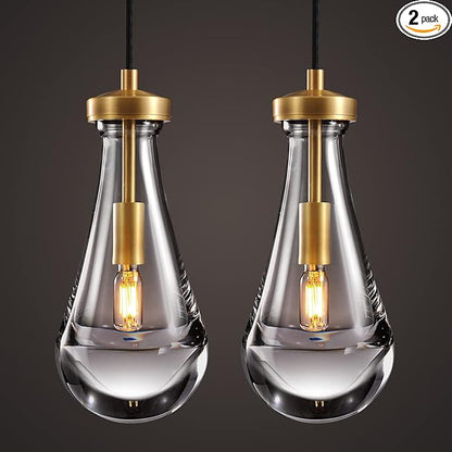 Raindrop Pendant Lights Set of 2, Brass Pendant Lights Kitchen Island, Gold Island Light for Kitchen Dining Room Light Fixture, Chandelier for Living Room Bedroom Bathroom, Bulb Included
