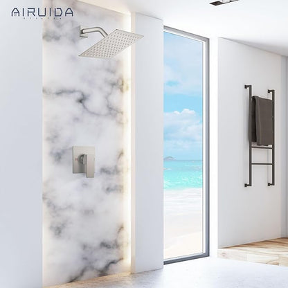 Airuida Shower Faucet Set Bathroom Rain Shower System SUS304 Stainless Steel Single Handle With Male Threads Rough-in Valve Shower Trim Kit 8 Inch Wall Mount Shower Head Brushed Nickel