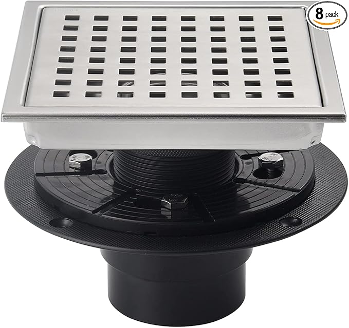 6 Inch Shower Drain Brushed Nickel Square with Adjustable Shower Drain Base Flange SUS304 Stainless Steel Floor Drain Cover Removable Mesh Grille