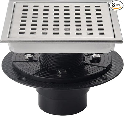 6 Inch Shower Drain Brushed Nickel Square with Adjustable Shower Drain Base Flange SUS304 Stainless Steel Floor Drain Cover Removable Mesh Grille