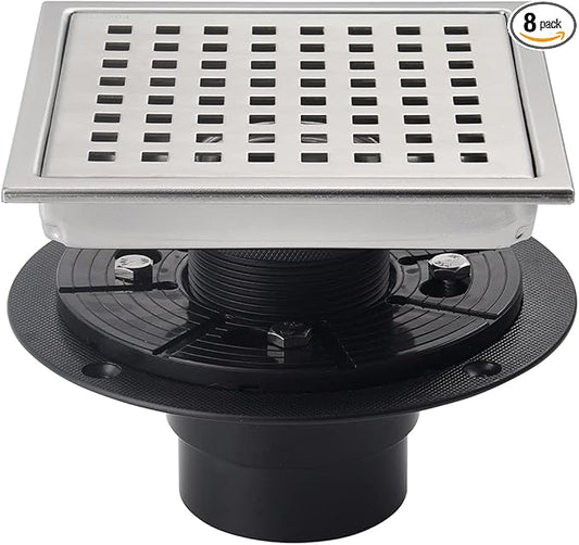 6 Inch Shower Drain Brushed Nickel Square with Adjustable Shower Drain Base Flange SUS304 Stainless Steel Floor Drain Cover Removable Mesh Grille