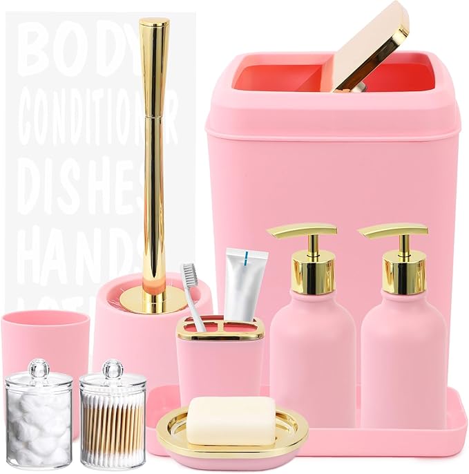 Pink Bathroom Accessories Set - 10 Piece Bathroom Accessory Set with Trash Can, Soap Dispenser, Soap Dish, Toothbrush Holder and Cup, Toilet Brush, Qtip Holder, Bathroom Decor Sets Complete
