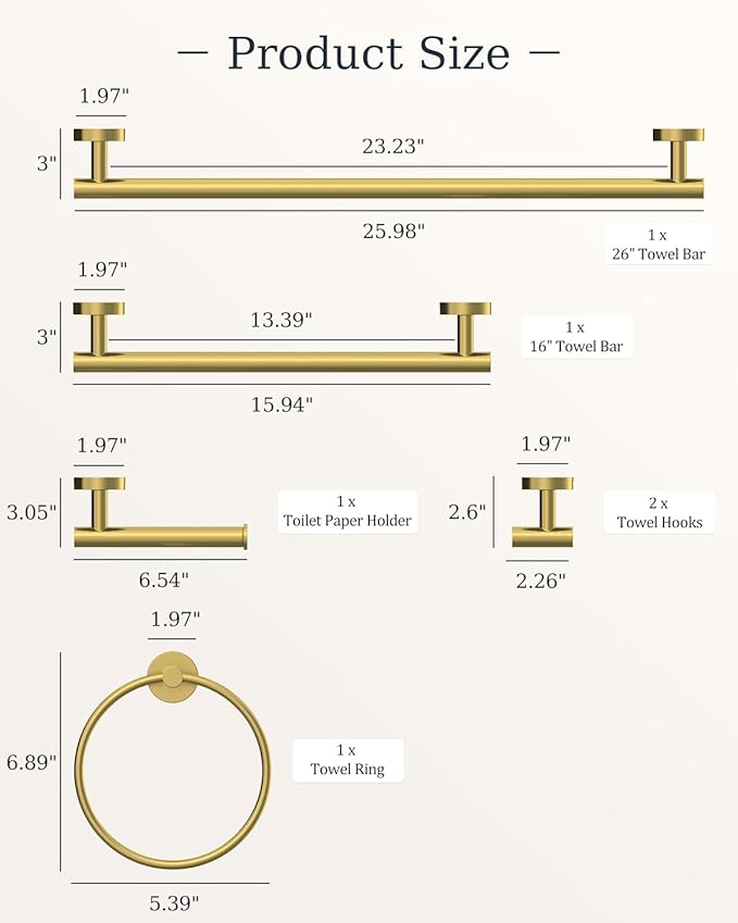 Brushed Gold Bathroom Accessories Set, SUS304 Stainless Steel 6 Pieces Bathroom Hardware Set, 16&26 Inch Bath Towel Bar Set, 2 Towel Hooks, Toilet Paper Holder, Towel Racks for Bathroom Wall Mounted