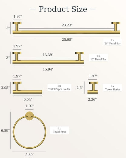 Brushed Gold Bathroom Accessories Set, SUS304 Stainless Steel 6 Pieces Bathroom Hardware Set, 16&26 Inch Bath Towel Bar Set, 2 Towel Hooks, Toilet Paper Holder, Towel Racks for Bathroom Wall Mounted
