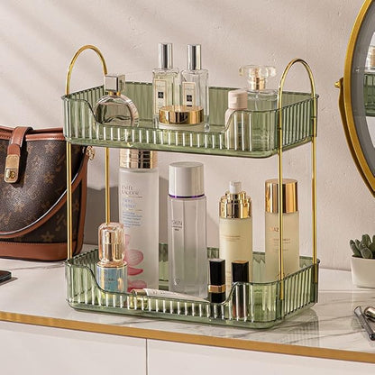 Bathroom Counter Organizer Countertop Storage, Cosmetics Skincare Shelf, Makeup Organizer Perfume for Dresser Vanity Tray, Spice Rack for Kitchen(2 Tier-Green)