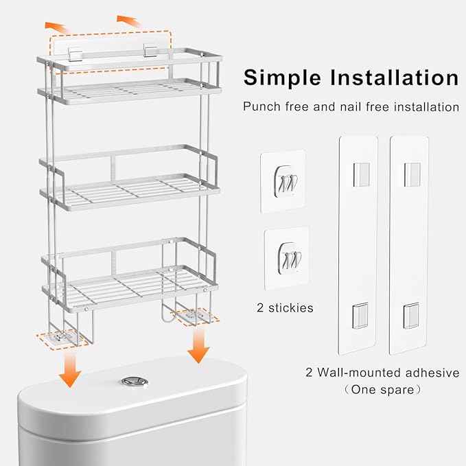 Over The Toilet Storage,3-Tier Bathroom Organizer Shelves with Paper Holder, Multifunctional Toilet Rack,No Drilling Storage Shelf, Home Storage Space Saver Wall Mounting Design,White