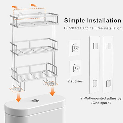 Over The Toilet Storage,3-Tier Bathroom Organizer Shelves with Paper Holder, Multifunctional Toilet Rack,No Drilling Storage Shelf, Home Storage Space Saver Wall Mounting Design,White