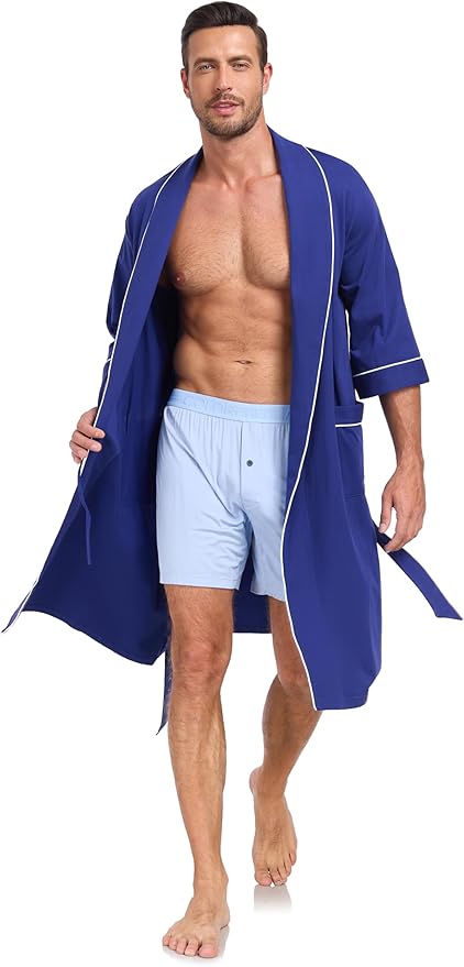 COLORFULLEAF Men's Bathrobes 100% Cotton Soft Comfort Breathable Short Sleeve Summer Kimono Mens Lightweight Robe